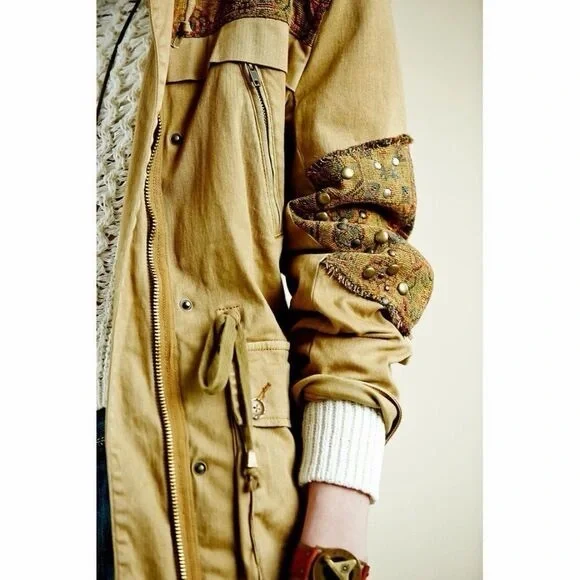Free People Olive Patched Tapestry Drawstring Utility Jacket Size Large - Picture 3 of 16